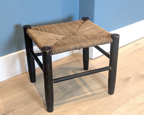 Antique footstool wood rush - footstool,