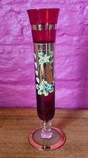 Beautiful Vintage Red & Gold Bohemian Glass Bud Vase Hand Painted Enamel Flowers
