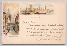 c1905 Postcard London Houses of Parliament & Ludgate Hill GAS Multi-view