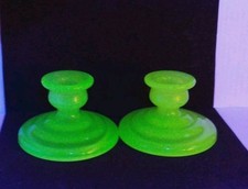 2 X Antique Art Deco Vaseline Uranium Glass Candlestick Holders Bagley? VGC