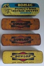 Lot of Four Vintage Original Cycle Repair Kit Tins, 3 Dunlop and 1 Romac