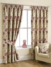 Red Cream Jacquard Pencil Pleat Curtains 66x90" Floral Lily Chintz Pair