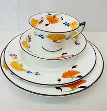 Rare Antique Art Deco Hand Painted 4-Piece Bone China Tea Set - Stunning Colours
