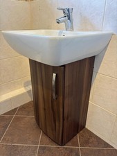 White Sottini Bathroom Basin with Pop up waste & tap. Wood effect Pedestal unit