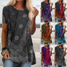 Ladies T-Shirt Short Sleeve Tee Shirt Women Ethnic Crew Neck Beach Tops Tunic