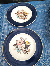 WOOD & SONS ALPINE WHITE Vintage BLUE Gilt Gold - 10 ins Dinner Plates Vgc TWO