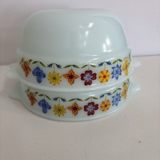 2 Lovely Vintage Retro Phoenix Opalware Folk Flowers Glass Casserole Oven Dishes