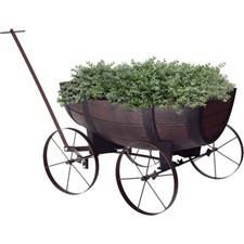 Garden Half Barrel Flower Planter Pot Wheels Wooden Antique Oak Effect Outdoor