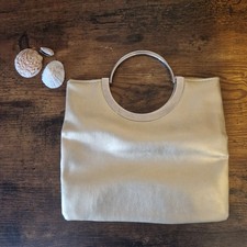 Metallic gold faux leather clutch bag for women with round metal handles