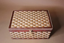 RETRO SEWING BOX-PLASTIC & WOOD WOVEN WICKER STYLE-HINGED LID...