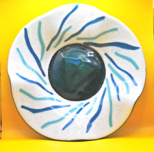 Glass frilled dish spiral blue and turquoise bands underside in petrol-colours