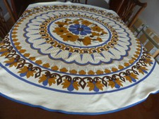 Large round cream/blue and burnt orange tablecloth -   59 inches dia