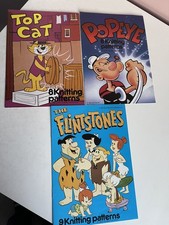 3 knitting pattern booklets sweaters - Top Cat, Popeye, Flintstones child adult