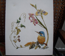 Embroidered picture, Kingfisher with Iris etc