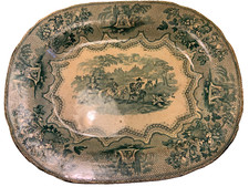 meat transfer plate mititary sketches staffordshire? blue/green castle horses