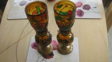 PairVintage oil lamps Multi Coloured glass 12.5" high Lovely condition as photos