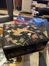VINTAGE Japanese Floral Black Gold Trim Storage Lidded Container Box