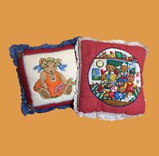 PAIR OF VINTAGE CUSHIONS Teddy Bear 14" Pillow Fabric Red Border x2 Pillows