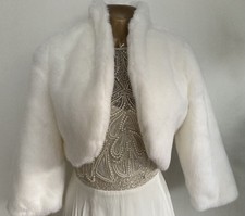 MONSOON IVORY FAUX FUR SHRUG BOLERO BRIDAL WINTER WEDDING 3/4 SLEEVED JACKET 10