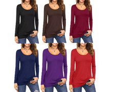 WOMENS LADIES LONG SLEEVE STRETCH PLAIN SCOOP NECK T SHIRT TOP ASSORTED 6-24