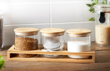 Set Of 3 Glass Coffee tea Sugar Jars Canisters with Bamboo Stand Kitchen Storage