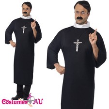 Mens Priest Costume Robe Clerical Collar Adult Monk Vicar Religious Black Outfit