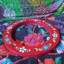 Vintage 70s  Folk Art 8 Candle ring  Advent Christmas Red Floral Wood 18.5cm