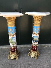 Pedestals Pair French Louis XVI Vintage Gilded Bronze with Marble Tops Elegant