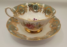 Paragon Tea Cup And Saucer, Quatrefoil Shape, Pale Green Filigree Gold VTG 60's