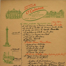 Vintage 1967 O'Cabanon Restaurant Menu rue Marche St Honore Paris France