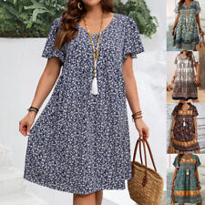 Ladies Boho Holiday Floral Loose Dress Summer Casual Short Sleeve Plus Size 6-24