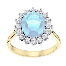 9ct Gold on Silver Simulated AQUAMARINE & Cz Large Oval Cluster Ring size K-S