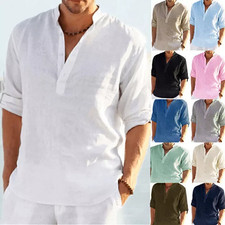 Men Cotton Linen Henley Shirts