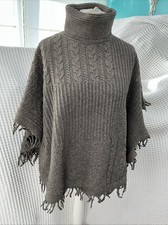 Womens Chunky FAT FACE Roll Neck Poncho Wool Mix Moleskin Brown/Grey Size M