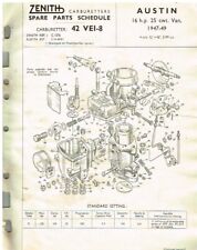 AUSTIN 16 hp 25cwt VAN 1947-49 ZENITH 42 VEI-8 CARB SERVICE BULLETIN/PARTS LIST