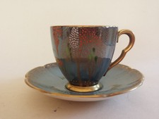 Carlton Ware Petrol Blue Art Deco Lustre 'New Stork' Gilded Coffee Cup +Saucer