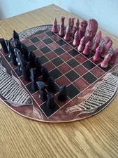 Unusual Vintage Hand Carved Round African Stone Chess Board & Chess Set