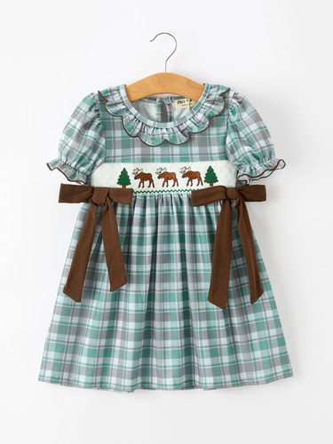 Plaid moose smocked girls - plaid, puff