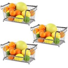3 x Chrome Stackable Metal Wire Storage Basket Food Vegetable Kitchen Shelves