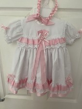 HANDMADE BABY GIRL WHTE PINK GINGHAM FRILLY LINED DRESS HEADBAND  12-18months
