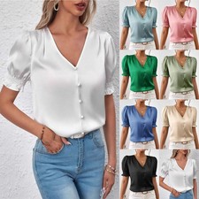 Ladies Satin Silk Buttons T Shirts Short Puff Sleeves V Neck Summer Blouses Tops