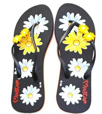 Mixstar Floral Black Rubber Flip Flops yellow flower straps Size 6 Euro 39 New