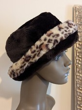 Georgia Rianne Black Hat Womens Faux Fur Winter Pull-On Hat leopard print