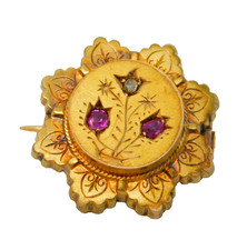 Victorian 9ct Gold, Diamond, Ruby Floral Locket Brooch Pin Antique c1880