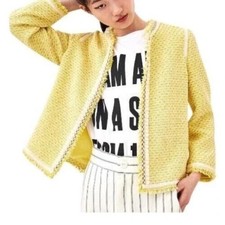 Zara Yellow White Blazer Jacket M UK 14 12 Boucle Tweed Blogger Fringe Party