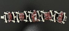 Vintage Bracelet Panel Link Asian Motif Red Enamel SilverTone 1950-60s Signed#64