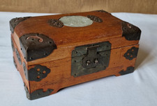 Vintage SHANGHAI Chinese Wooden Jewellery Box Brass Trim Jade Inlaid Design 