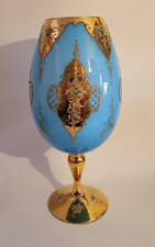 Large Opulent Vintage Venetian Blue Opaline Glass Vase Gold & Floral Centrepiece