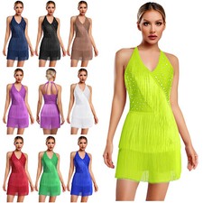 UK Womens Latin Dance Dress Rhinestone Tassel Sleeveless Bodysuits Leotard Dress
