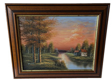 Landscape Original Painting Dawn Dusk River Trees Tranquil Signed M Woods 17x13"